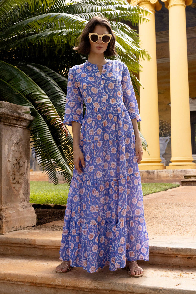 Button Neck 3/4 Sleeve Maxi- Amalfi Peri