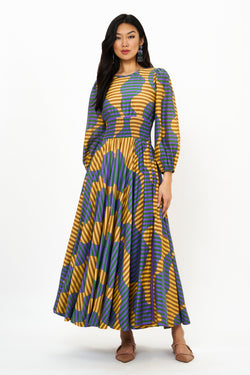 Crewneck Smocked Waist Maxi- Haring Saffron