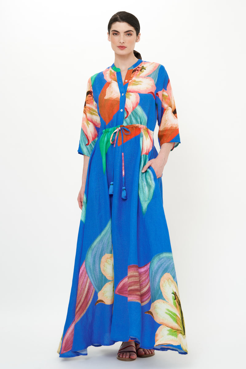 Cinched Shirt Dress Maxi- Hibiscus Blue