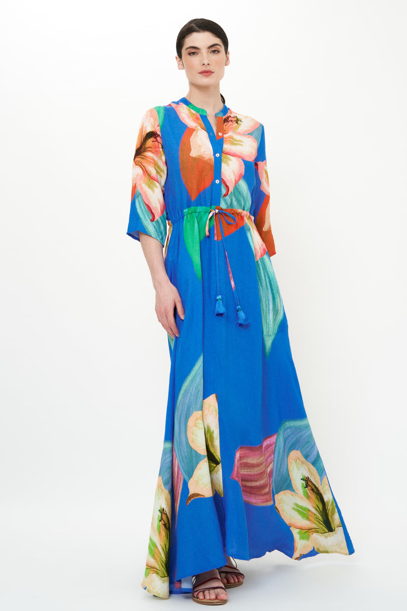 Cinched Shirt Dress Maxi- Hibiscus Blue