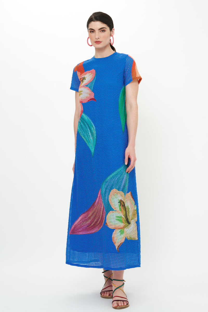 Short Sleeve Shift Maxi- Hibiscus Blue