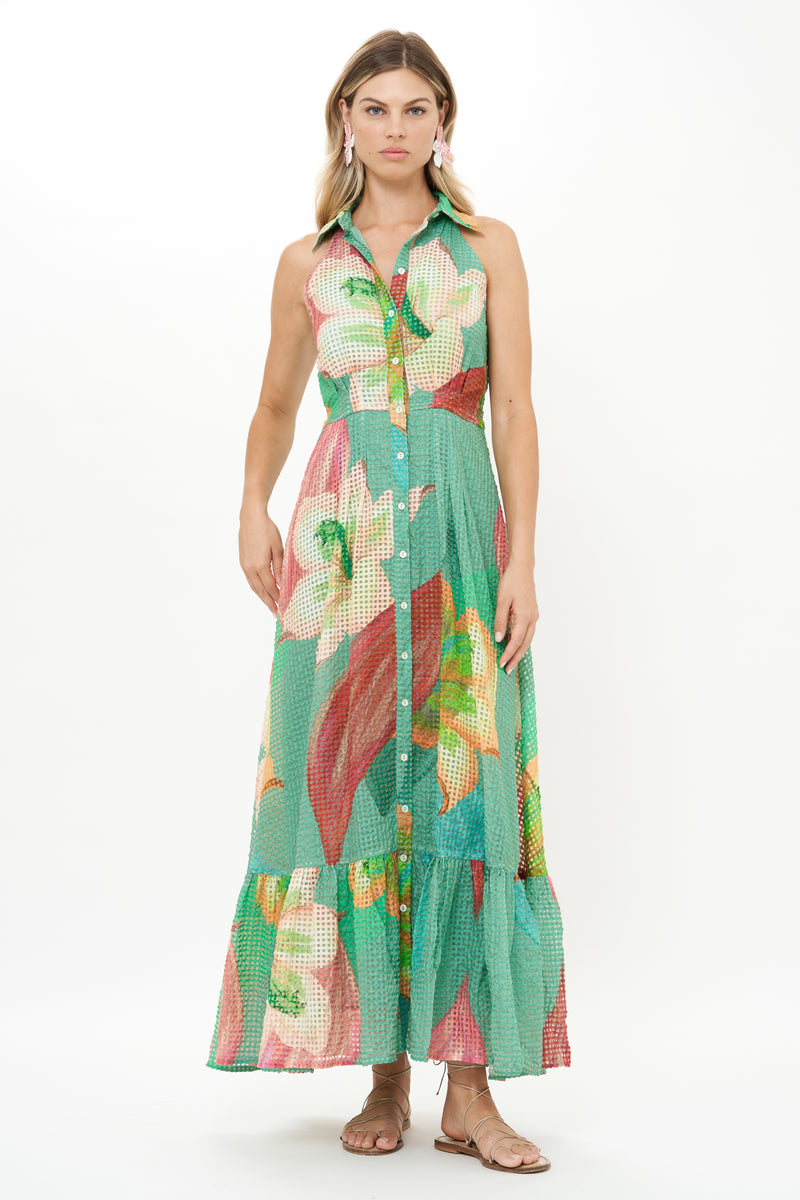 Sleeveless Shirt Dress Maxi- Hibiscus Sage