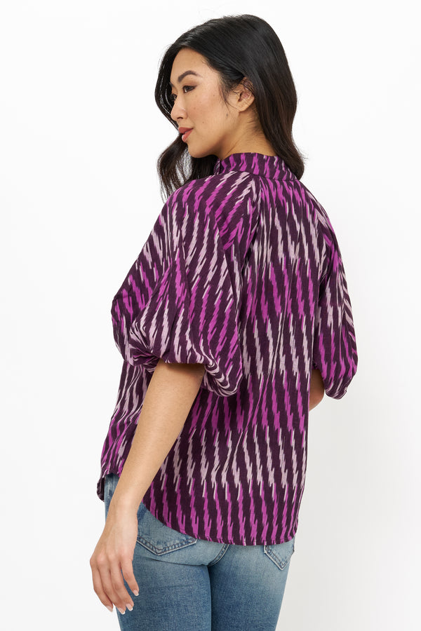 Button Neck Blouse- Ikat Purple