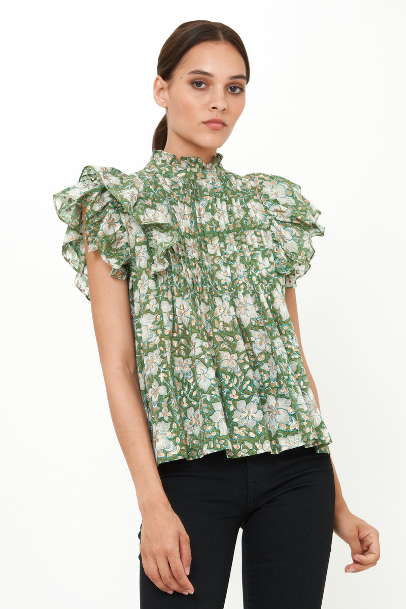 Pintuck Ruffle Top- Ivy Olive