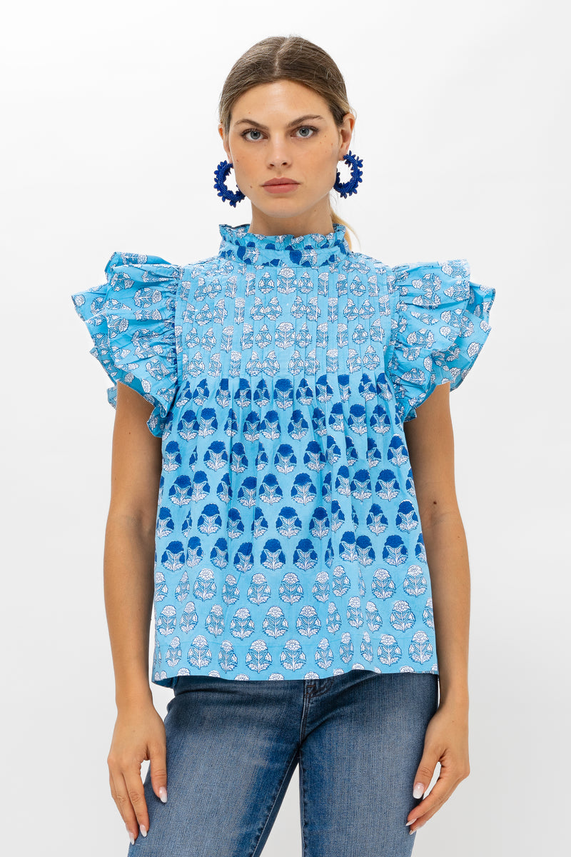 Pintuck Ruffle Top- Laguna Blue