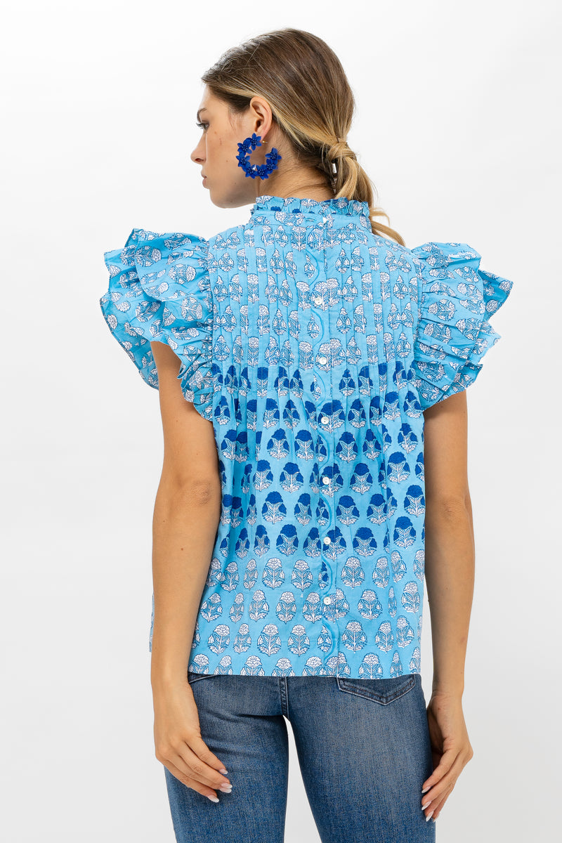 Pintuck Ruffle Top- Laguna Blue