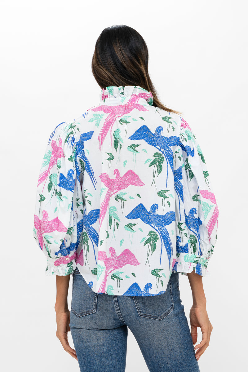 Ruffle Front Button Blouse- Macaw Blue