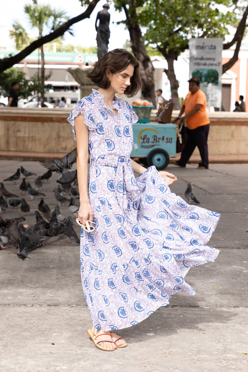 Ruffle Collar Button Maxi- Malta Blue