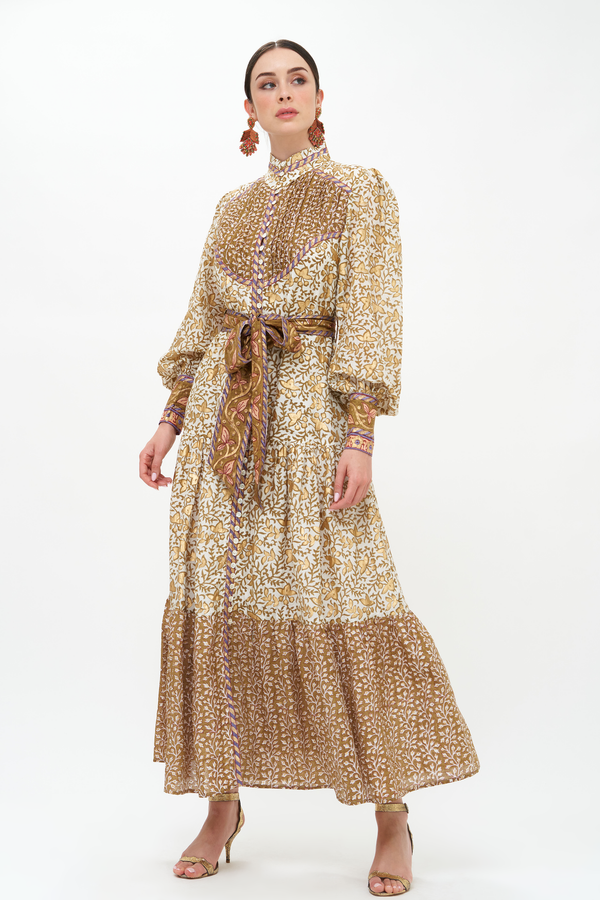 High Neck Button Maxi- Marchesa Olive