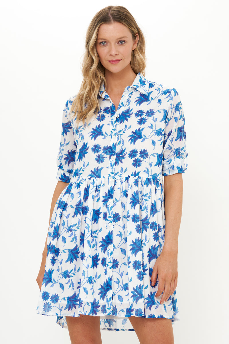 Long Sleeve Shirt Dress Mini- Marion Blue