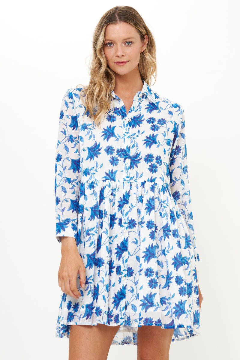 Long Sleeve Shirt Dress Mini- Marion Blue