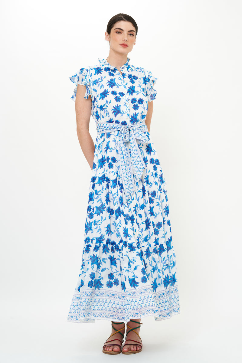 Ruffle Collar Button Maxi- Marion Blue