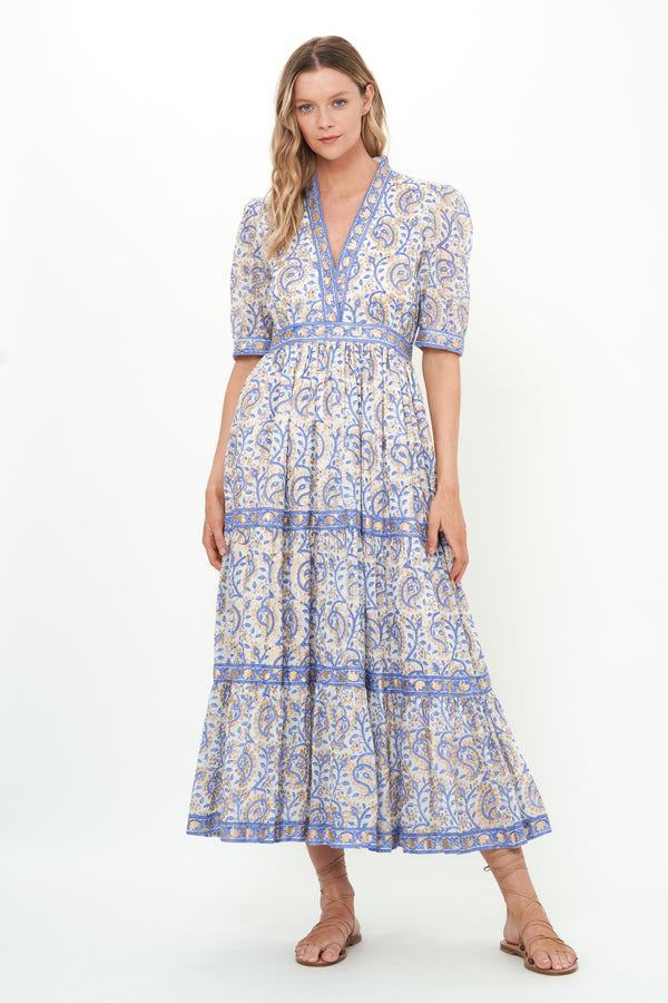 V-Neck Cuffed Maxi- Marseille Blue