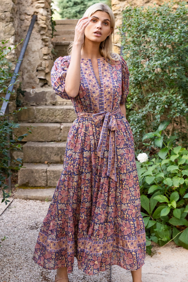 Puff Sleeve Maxi- Matera Navy