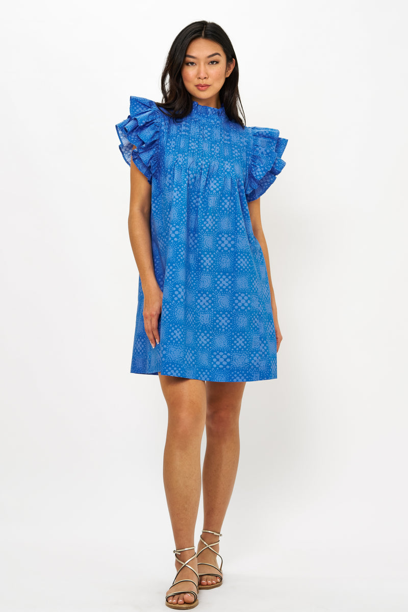 Pintuck Ruffle Mini Dress- Matrix Blue