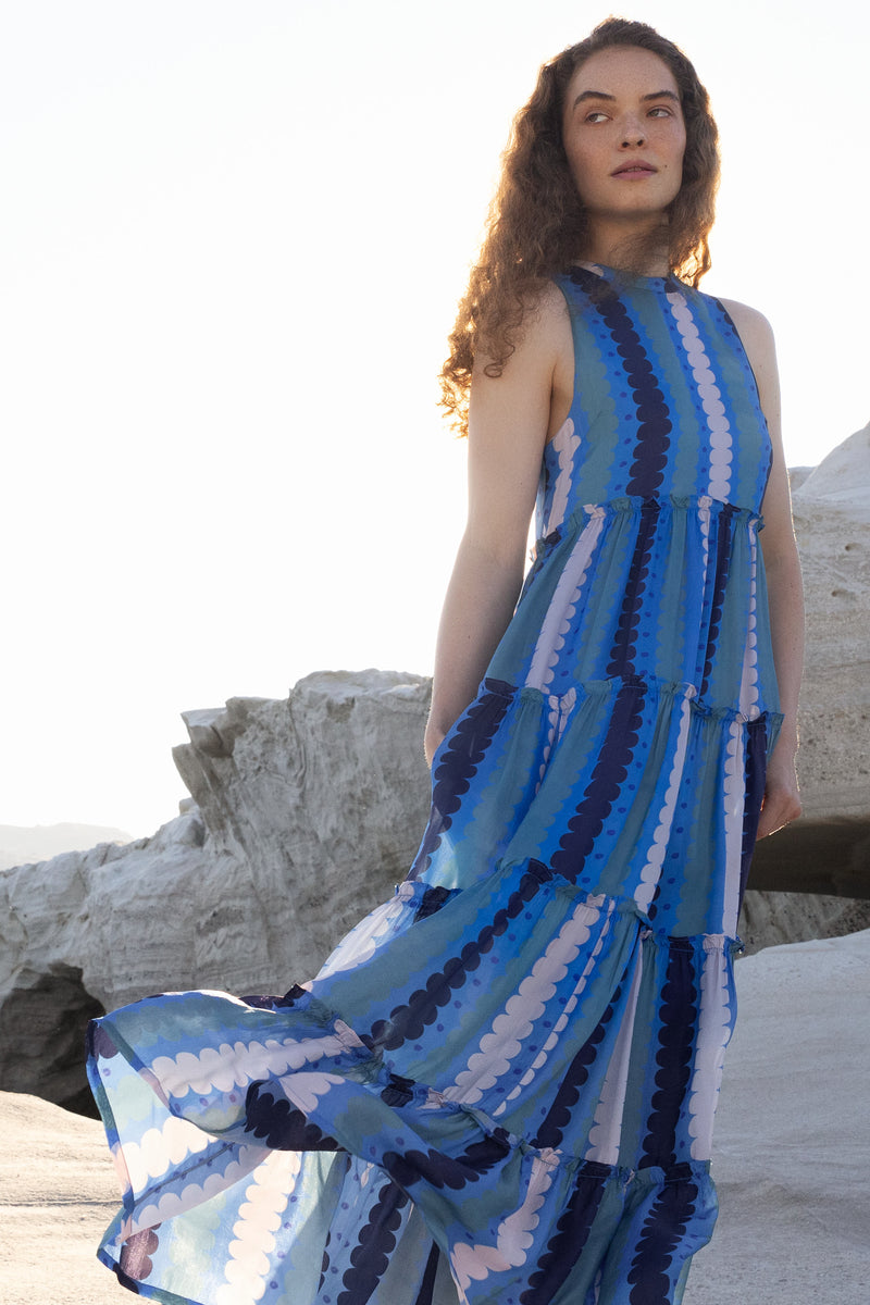 Ruffle Tiered Maxi- Meko Blue