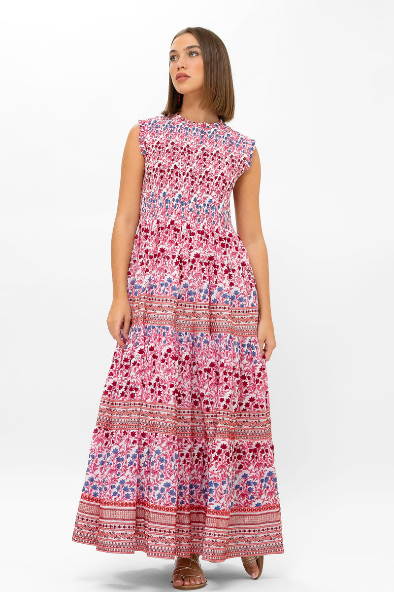 Sleeveless Smocked Maxi- Mendoza Coral