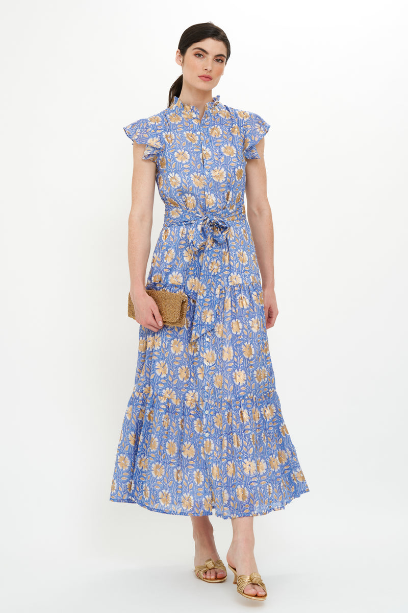 Ruffle Collar Button Maxi- Mughal Blue