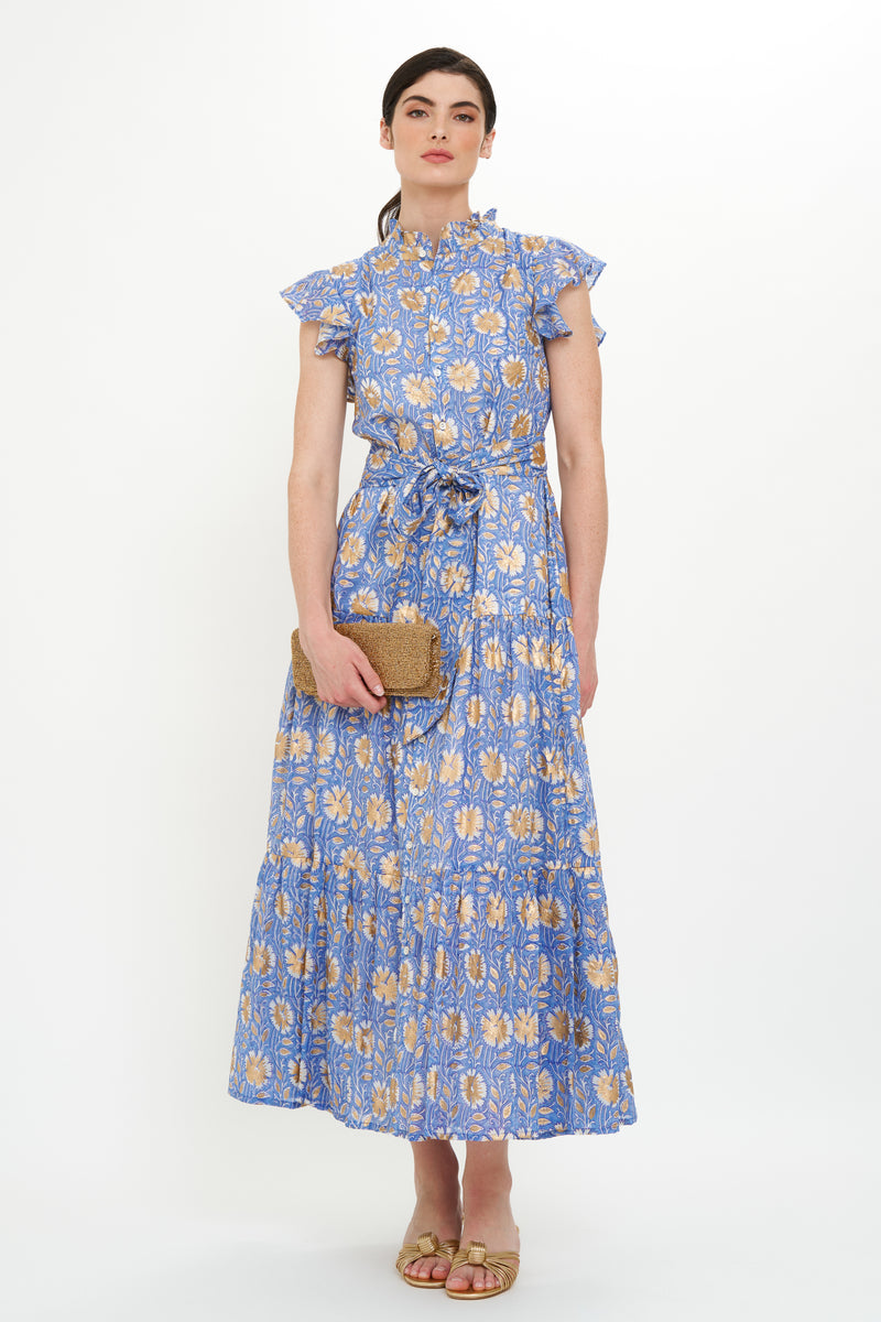 Ruffle Collar Button Maxi- Mughal Blue