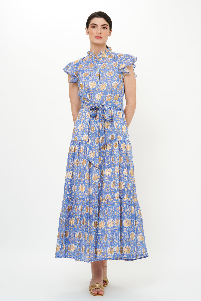 Ruffle Collar Button Maxi- Mughal Blue