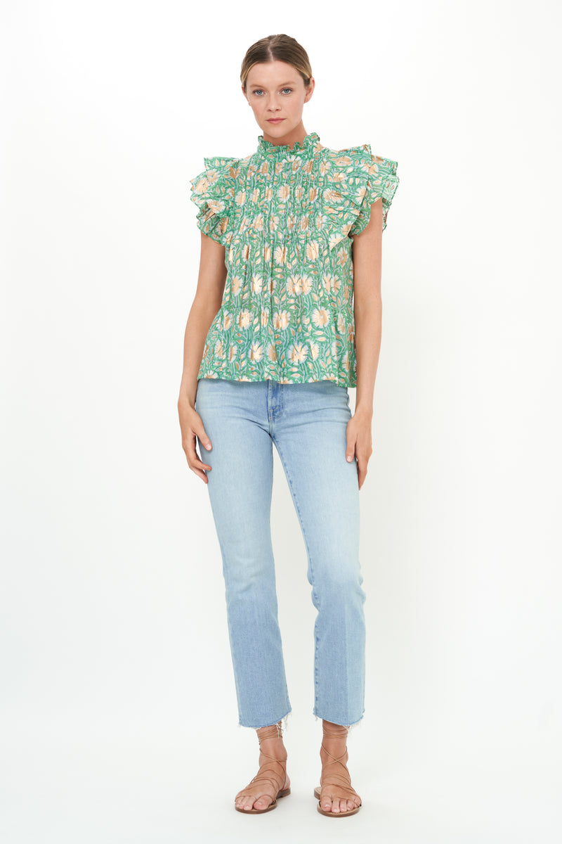 Pintuck Ruffle Top- Mughal Green