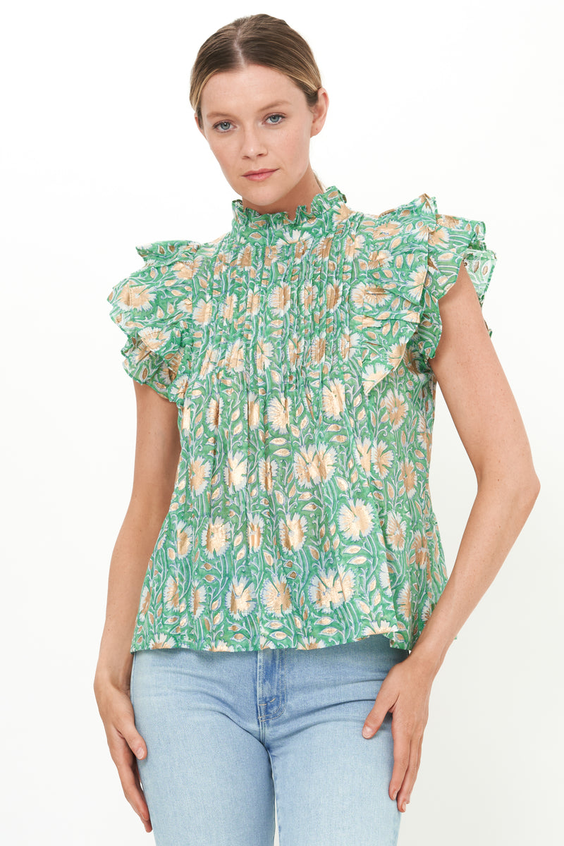 Pintuck Ruffle Top- Mughal Green