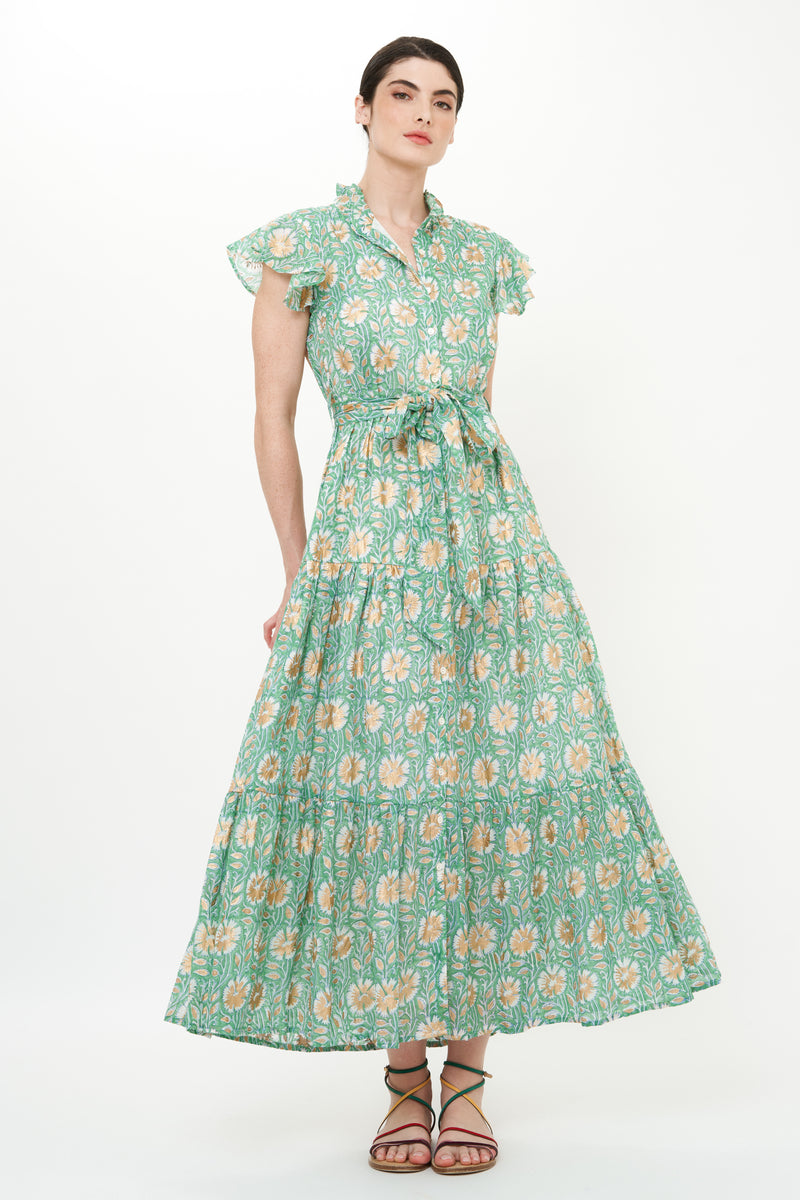 Ruffle Collar Button Maxi- Mughal Green