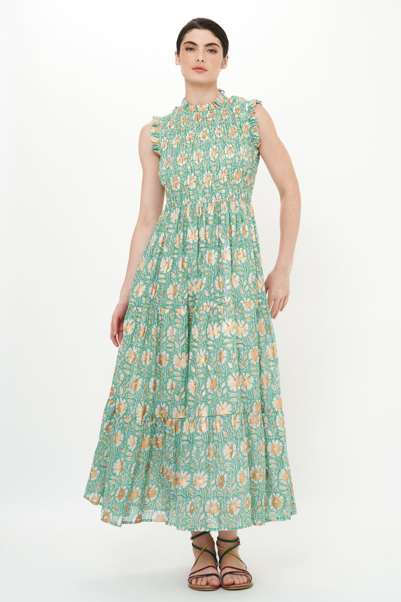 Sleeveless Smocked Maxi- Mughal Green