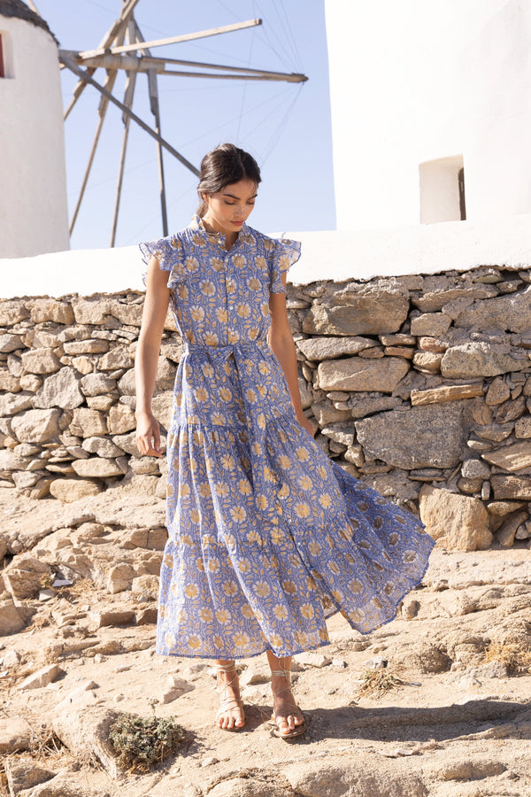 Ruffle Collar Button Maxi- Mughal Blue