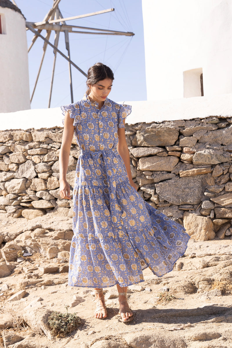 Ruffle Collar Button Maxi- Mughal Blue