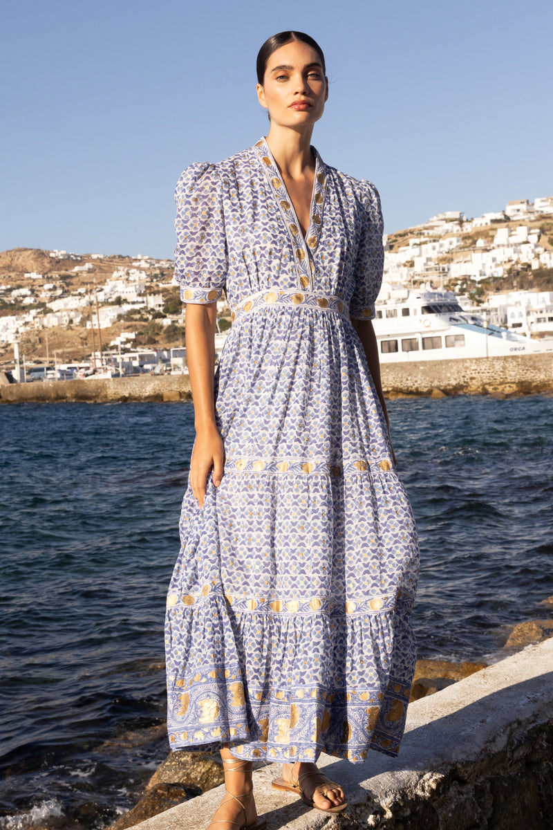 V-Neck Cuffed Maxi- Veranda Blue