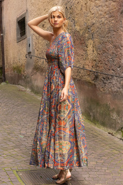 Long Sleeve One Shoulder Smocked Maxi- Persia Cobalt