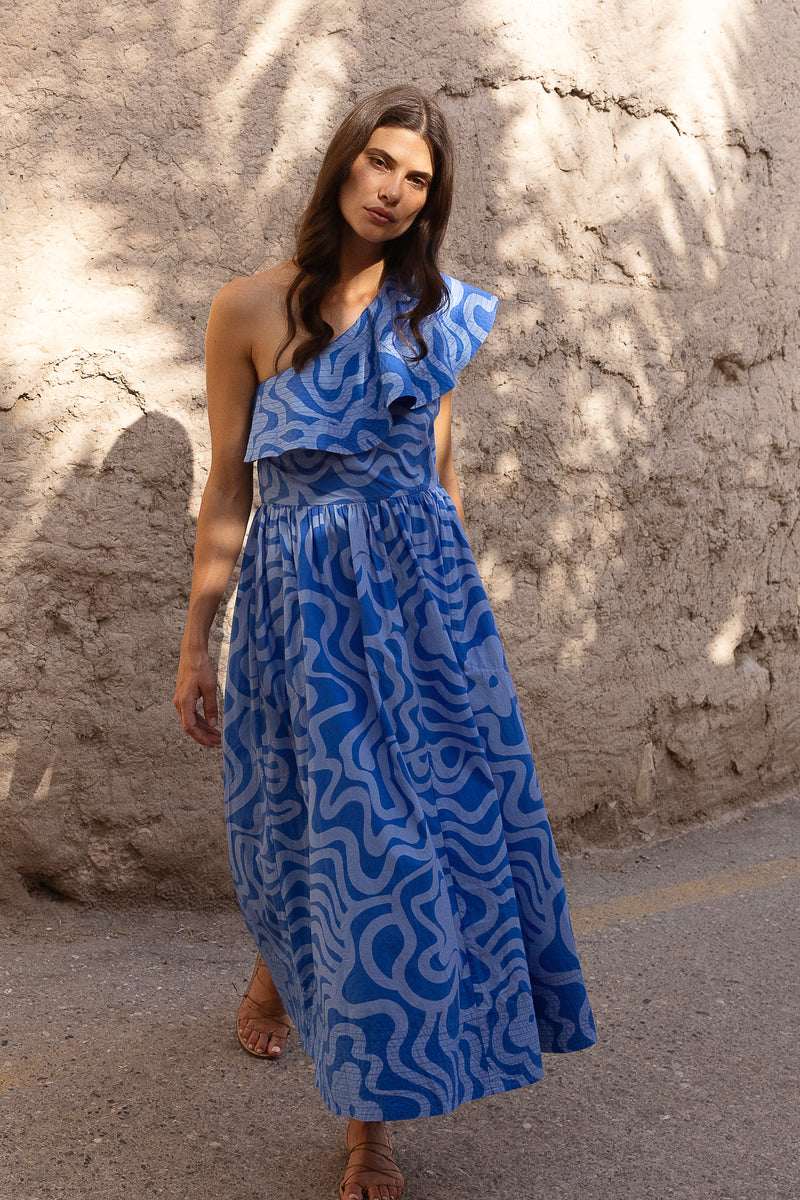 One Shoulder Ruffle Maxi- Ashbury Blue