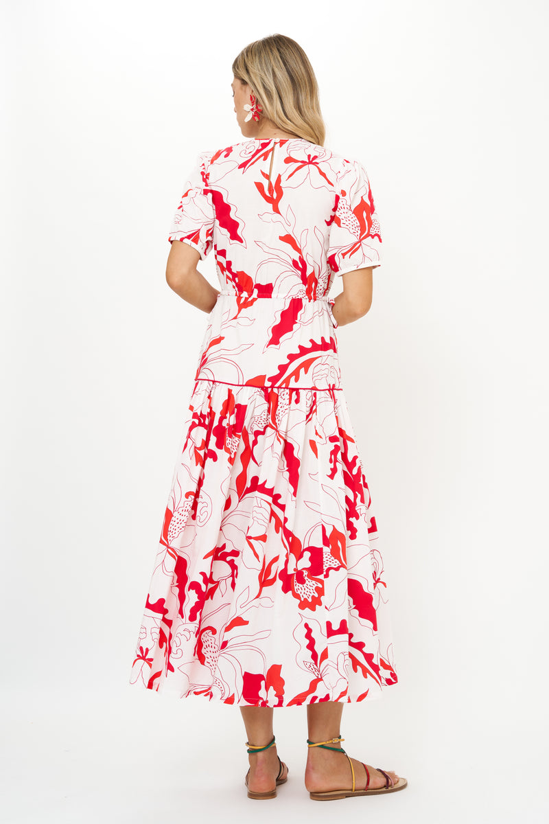 Piped Puff Sleeve Maxi- Orchid Red