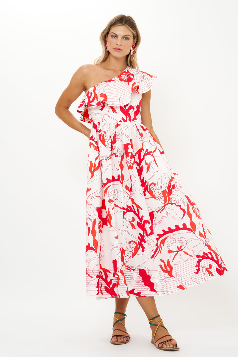 One Shoulder Ruffle Maxi- Orchid Red