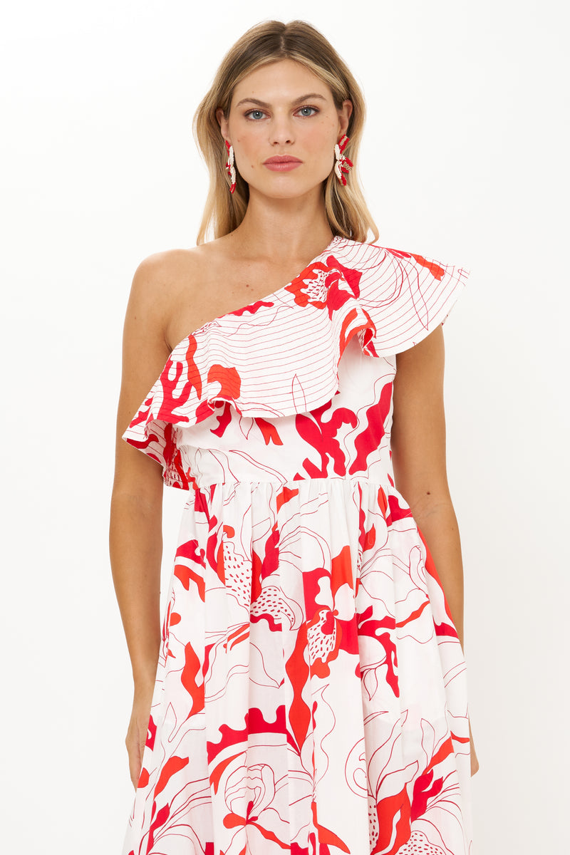 One Shoulder Ruffle Maxi- Orchid Red