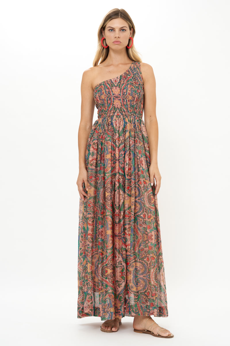 One Shoulder Smocked Maxi- Persia Aqua