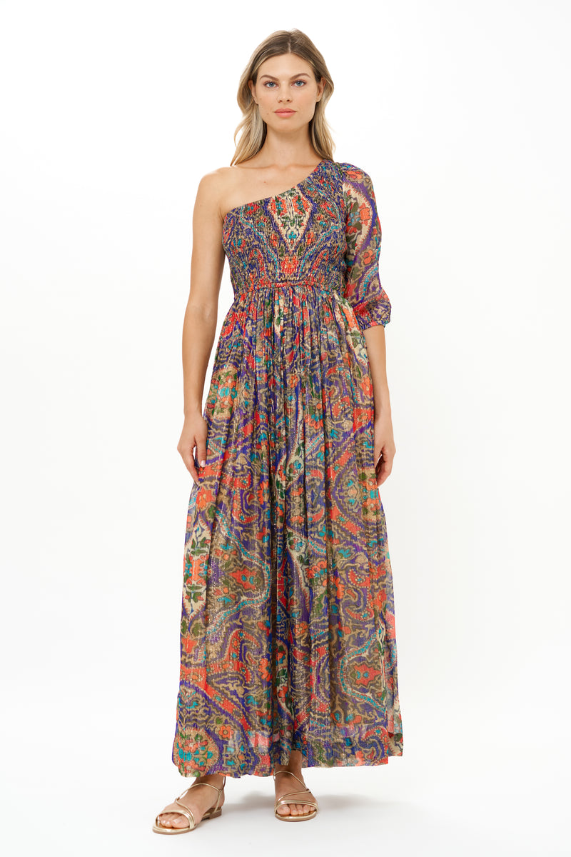 Long Sleeve One Shoulder Smocked Maxi- Persia Cobalt