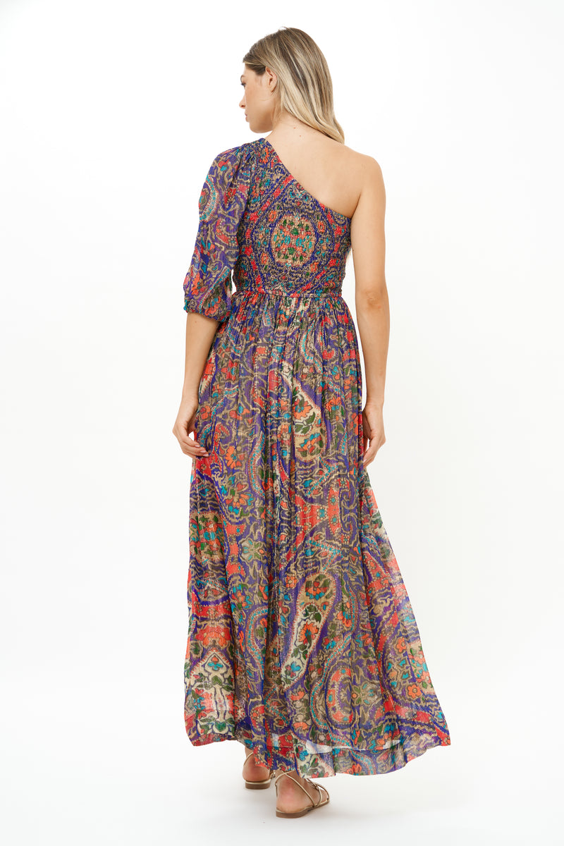 Long Sleeve One Shoulder Smocked Maxi- Persia Cobalt