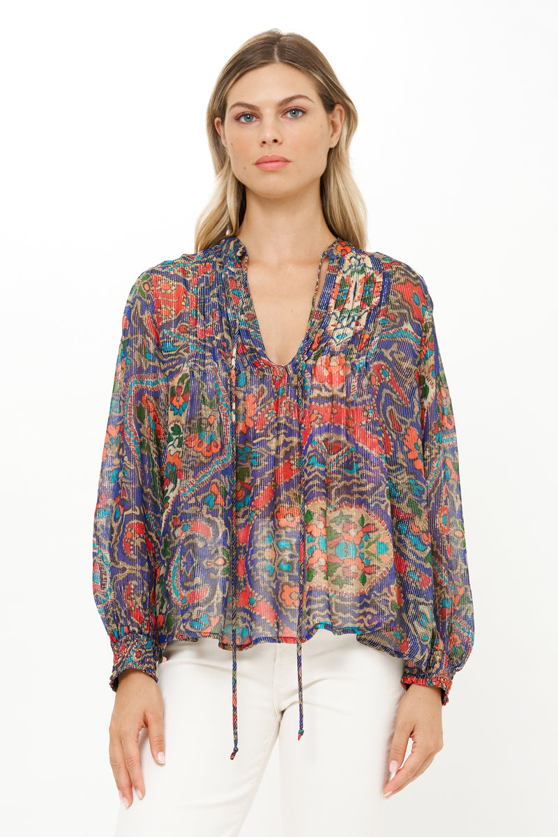 V-Neck Pintuck Blouse- Persia Cobalt