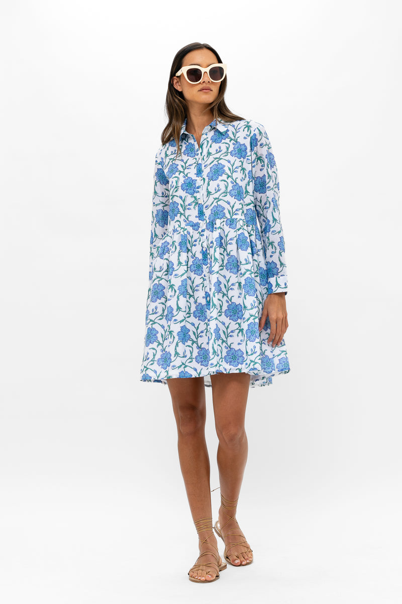 Long Sleeve Shirt Dress Mini- Poppy Blue