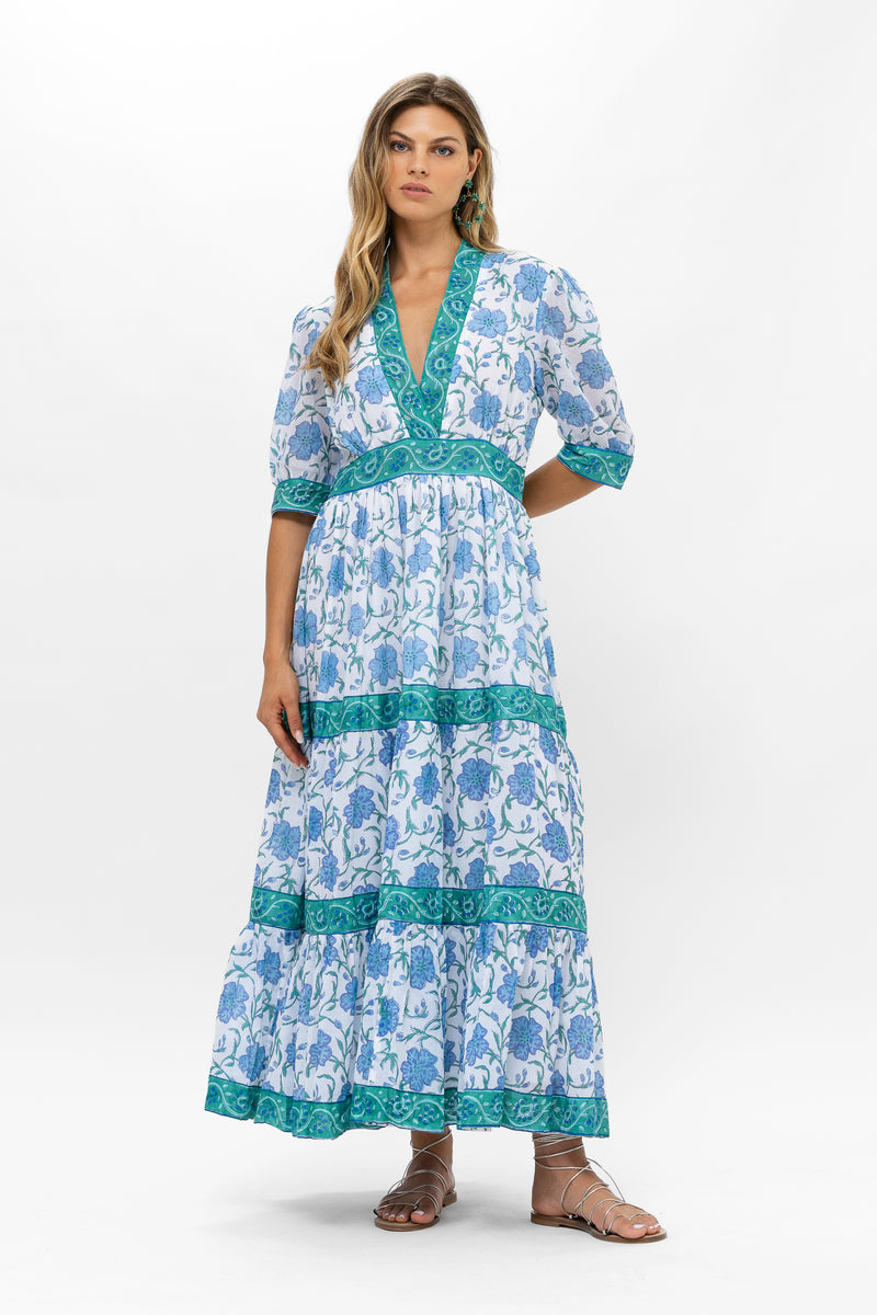 V-Neck Cuffed Maxi- Poppy Blue