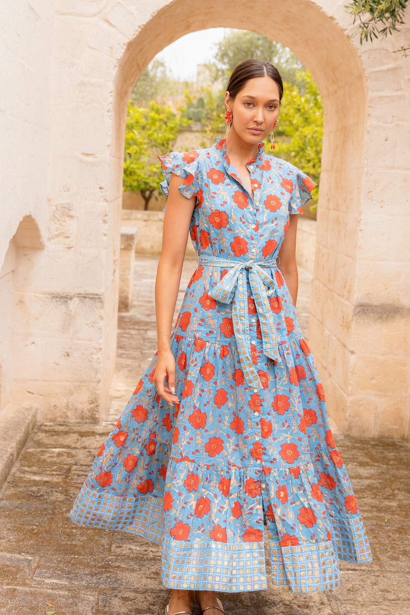 Ruffle Collar Button Maxi- Poppy Red