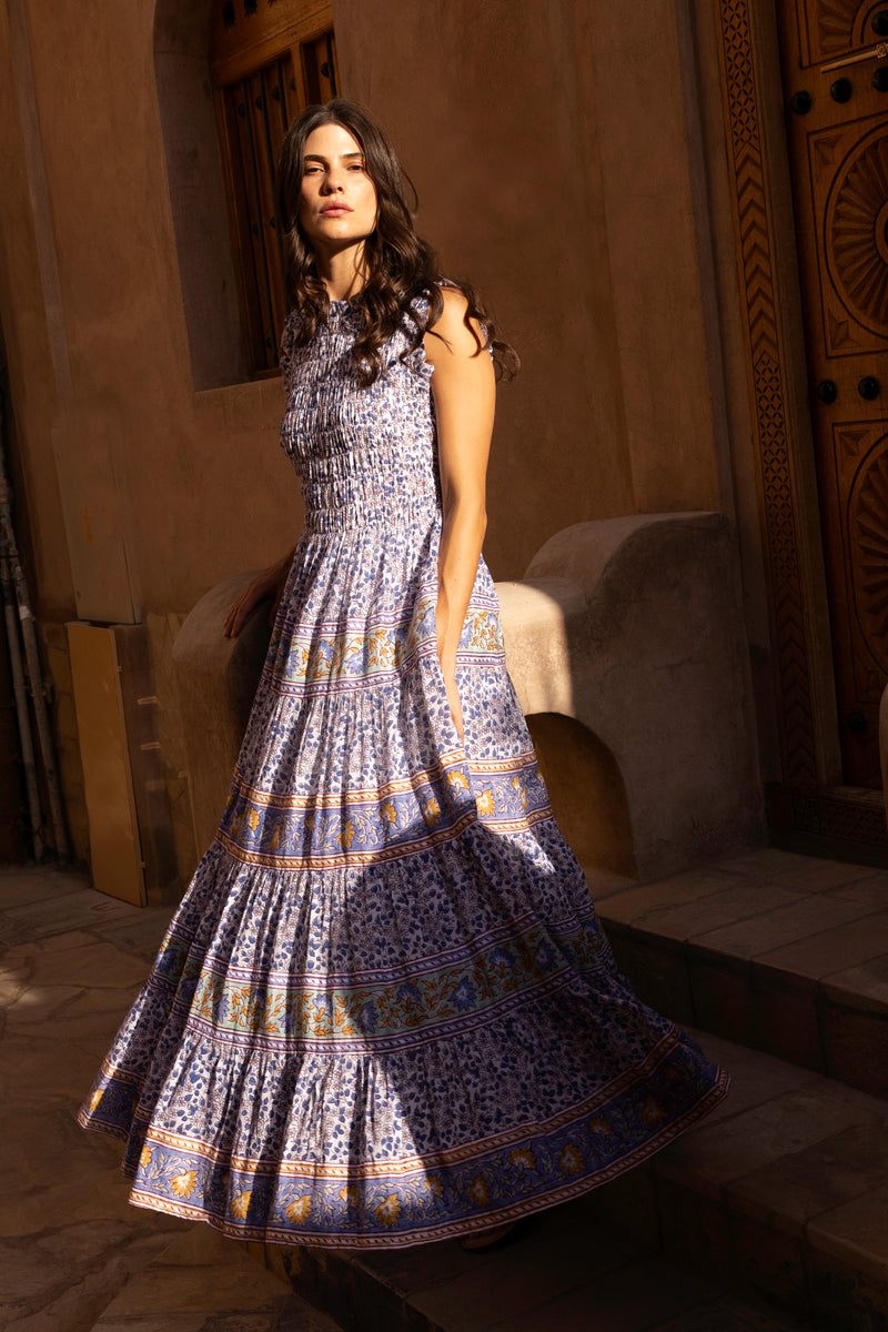 Sleeveless Smocked Maxi- Portland Blue