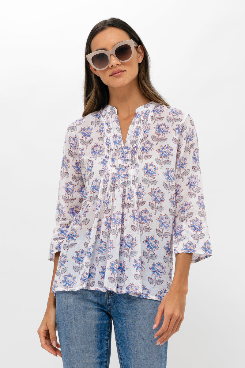 Long Sleeve Pintuck Blouse- Portofino Aqua