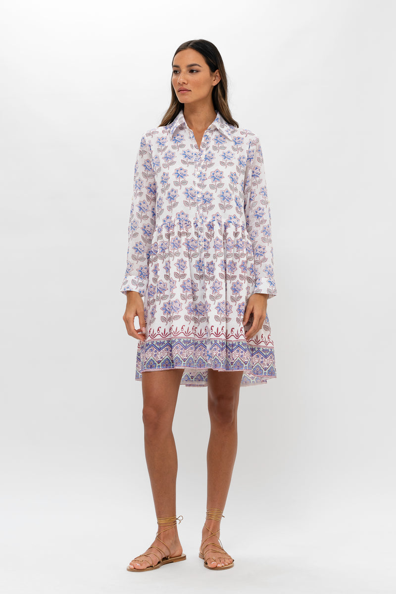 Long Sleeve Shirt Dress Mini- Portofino Aqua