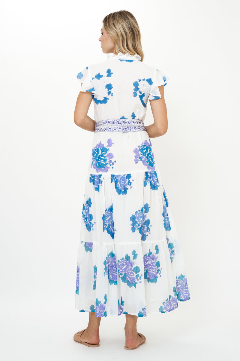 Ruffle Collar Button Maxi- Portofino Blue