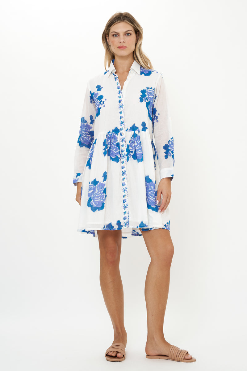 Long Sleeve Shirt Dress Mini- Portofino Blue