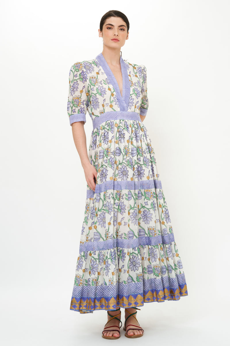 V-Neck Cuffed Maxi- Presidio Blue