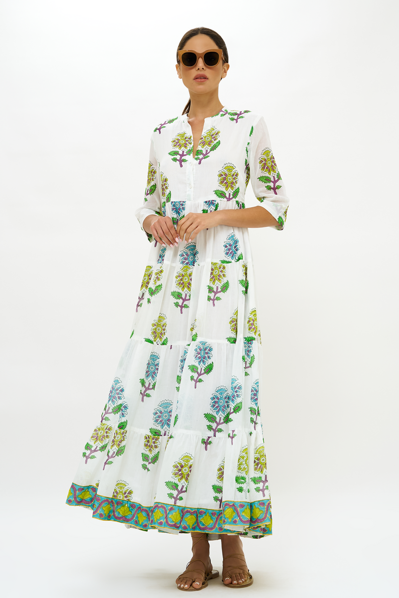 Button Neck 3/4 Sleeve Maxi- Puglia Lime